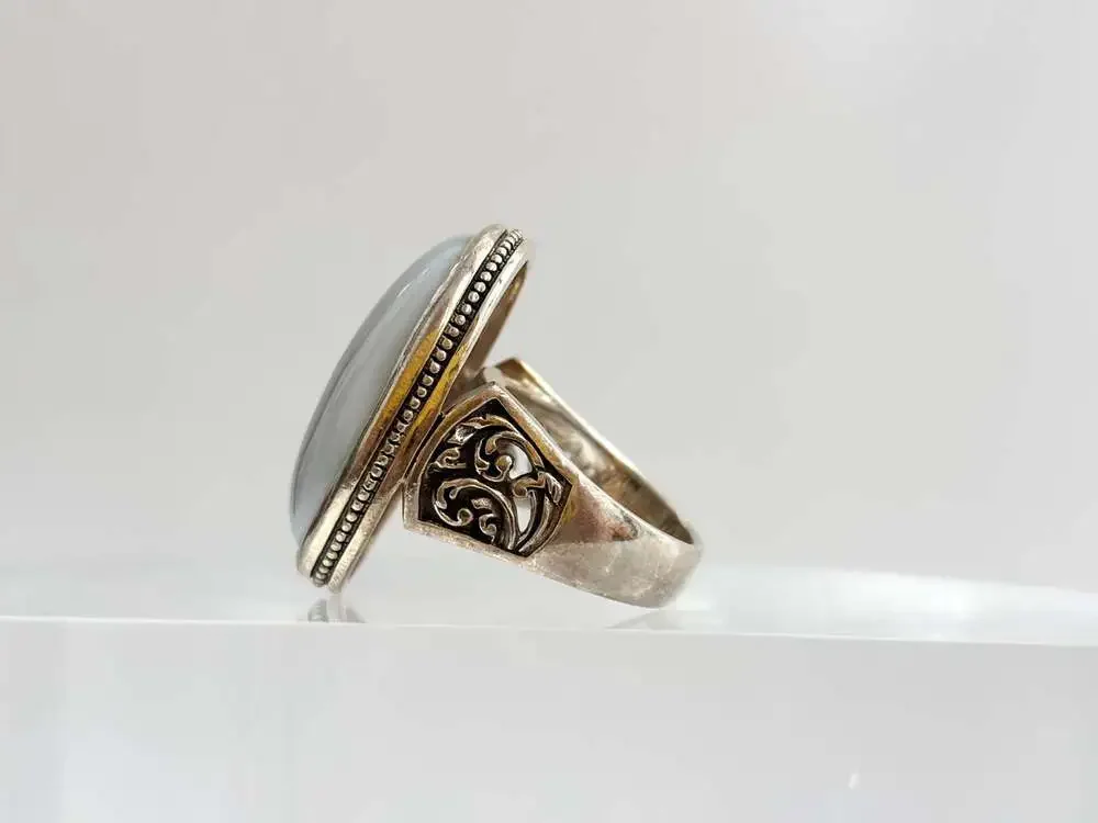 Grey Banded Agate Polished Cabochon Gemstone Sterling Silver 925 Vintage Ring -